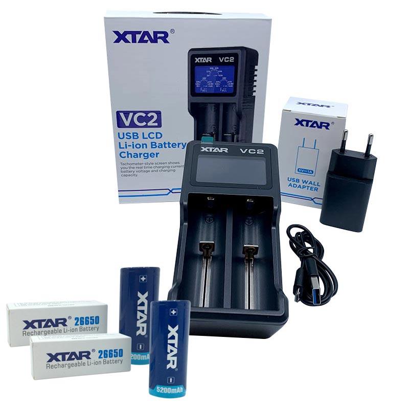 Batterilader-pakke: XTAR® VC2 batterioplader inkl. 2x26650 batterier.
