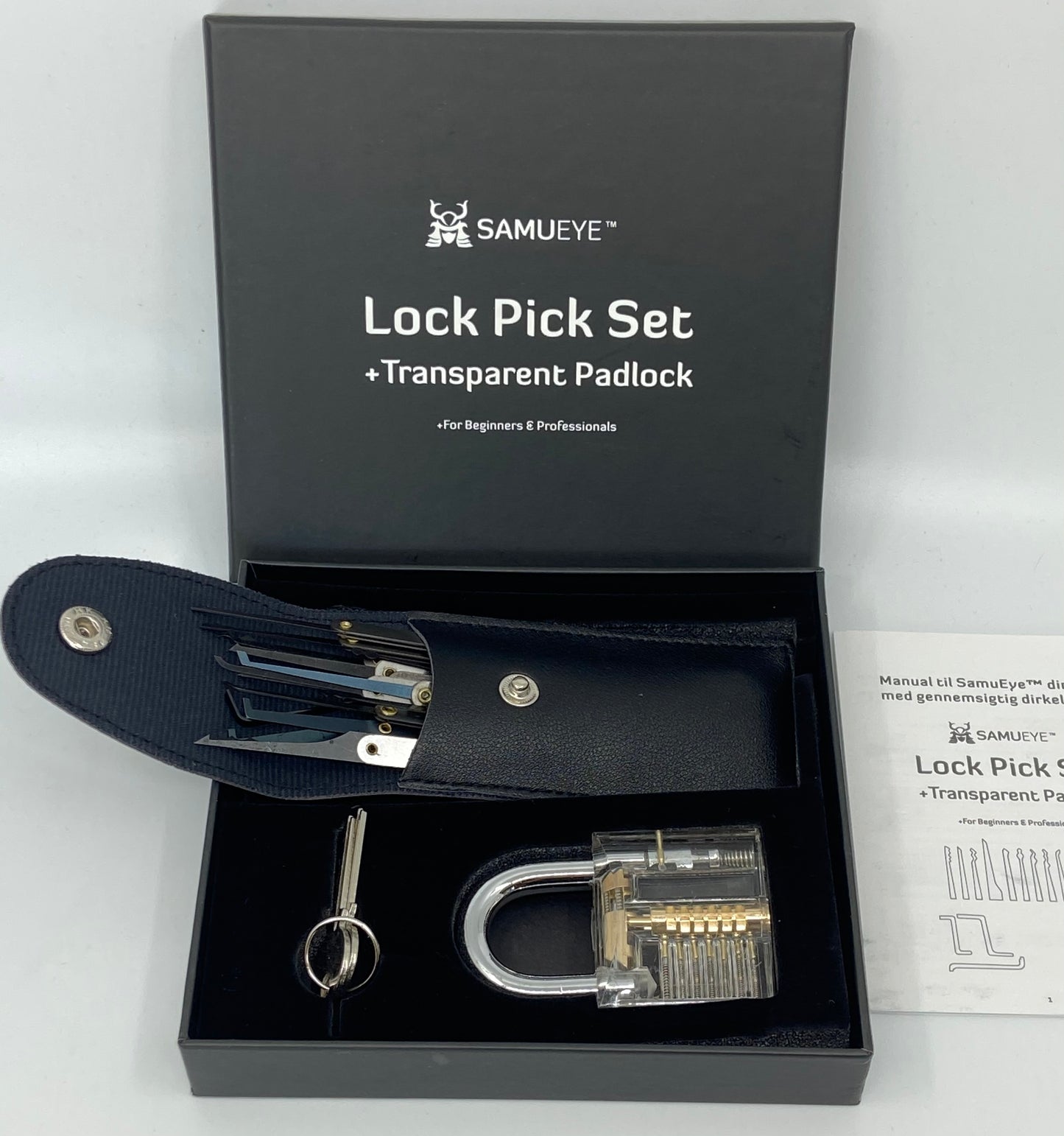 Puzzle Games: Dirkesæt - gennemsigtig hængelås - få låsen op uden nøgle. Åben æske.