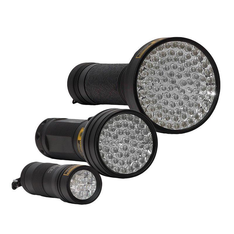 Ravlygter: Familiepakke V1 fra danske OwlBite® med 3 stk. kraftige UV-rav-lygter. Set fra siden.