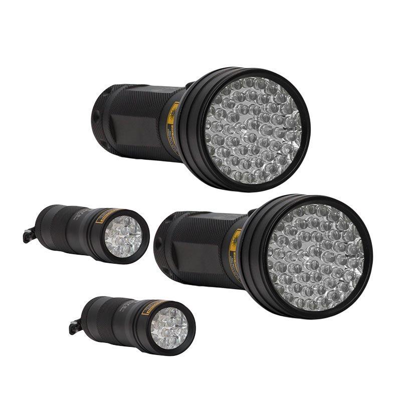 Ravlygter: Familiepakke V2 fra danske OwlBite® med 4 stk. kraftige UV-rav-lygter. Set forfra.