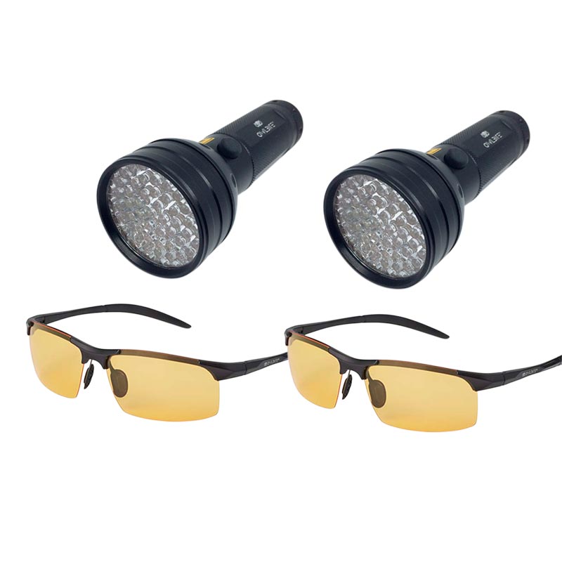 2 stk Ravlygter Original™ med 2 stk Ravbriller™ til voksne fra danske OwlBite®. Set fra siden.