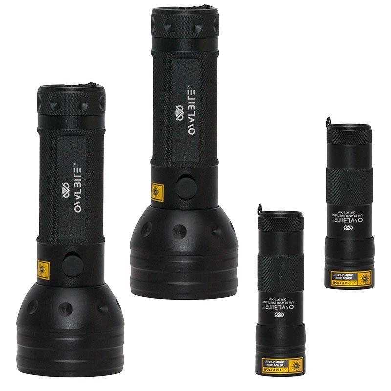 Ravlygter: Familiepakke V2 fra danske OwlBite® med 4 stk. kraftige UV-rav-lygter. Set stående.