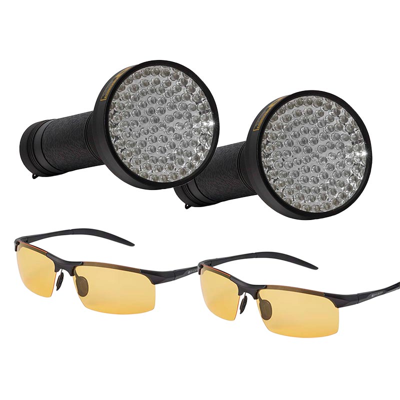 2 stk. Ravlygte Pro™ med 2 stk Ravbriller™ til voksne fra danske OwlBite®. Ravlygter set forfra.