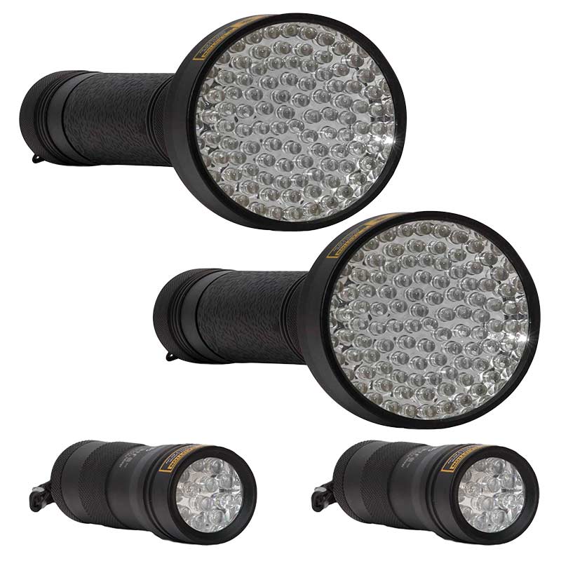 Ravlygter: Familiepakke V4 fra danske OwlBite® med 4 stk. kraftige UV-rav-lygter. Set forfra.