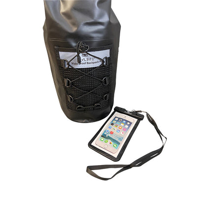 Vandtæt taske Dry Bag Rygsæk™ fra danske Owlbite® på 10L (Liter), sort. Med mobilpose.