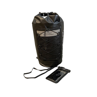 Vandtæt taske Dry Bag Rygsæk™ fra danske Owlbite® på 20L (Liter), sort. Med mobilpose.