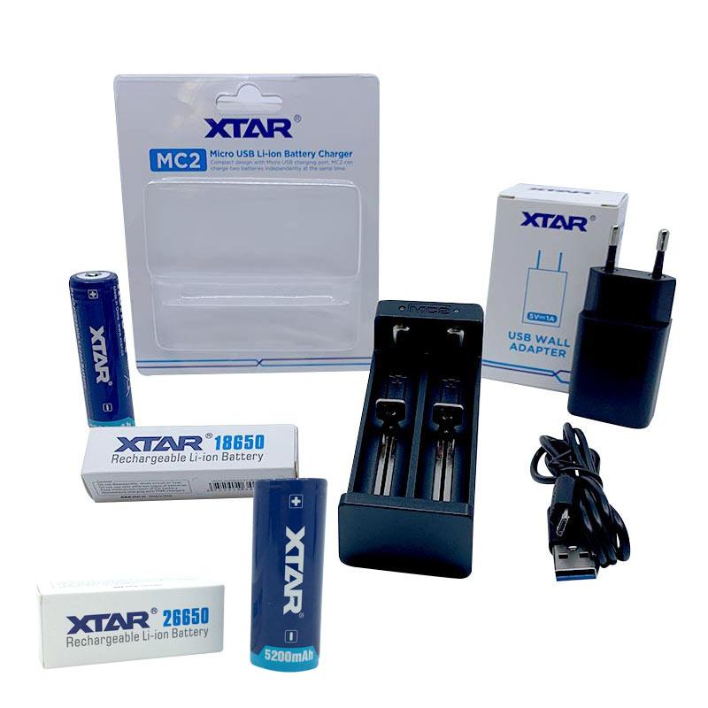 Batterilader-pakke: XTAR® MC2 inkl. 1x26650 og 1x18650 + adapter.